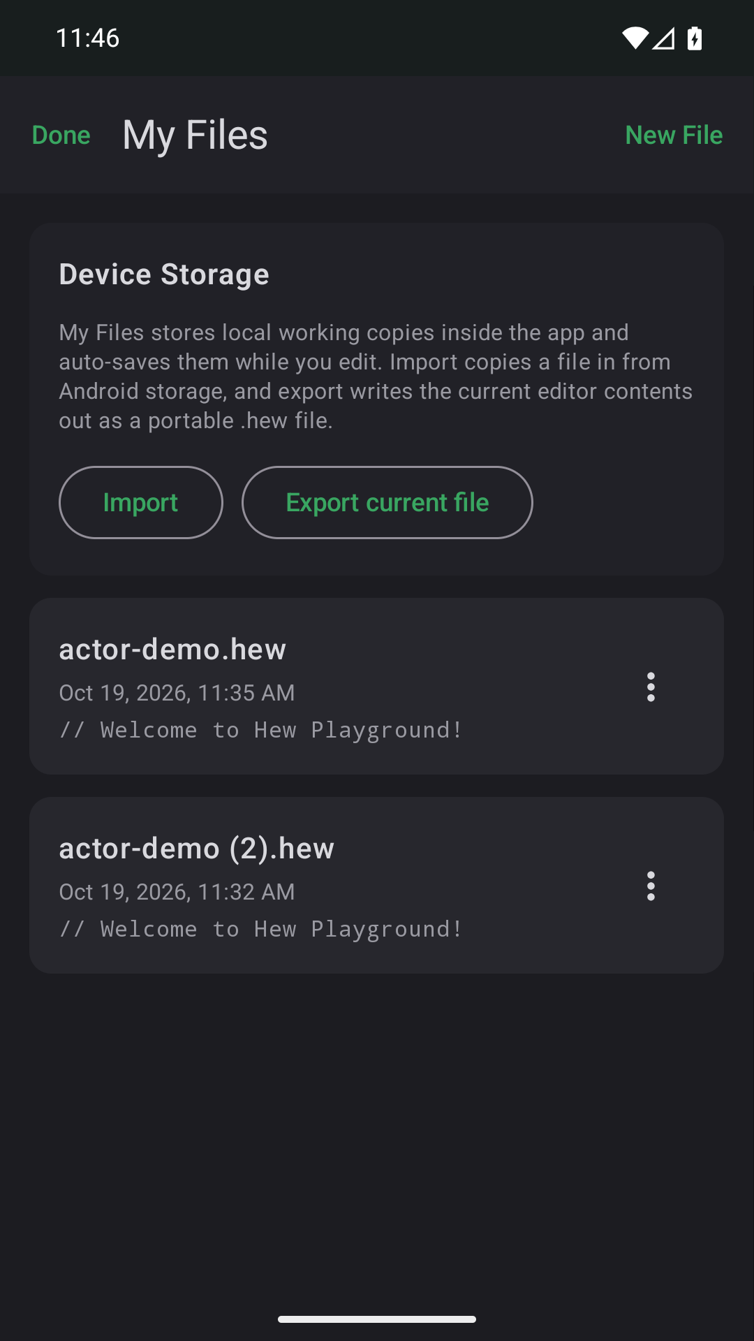 Android My Files showing Device Storage, Import, Export current file and saved Hew documents