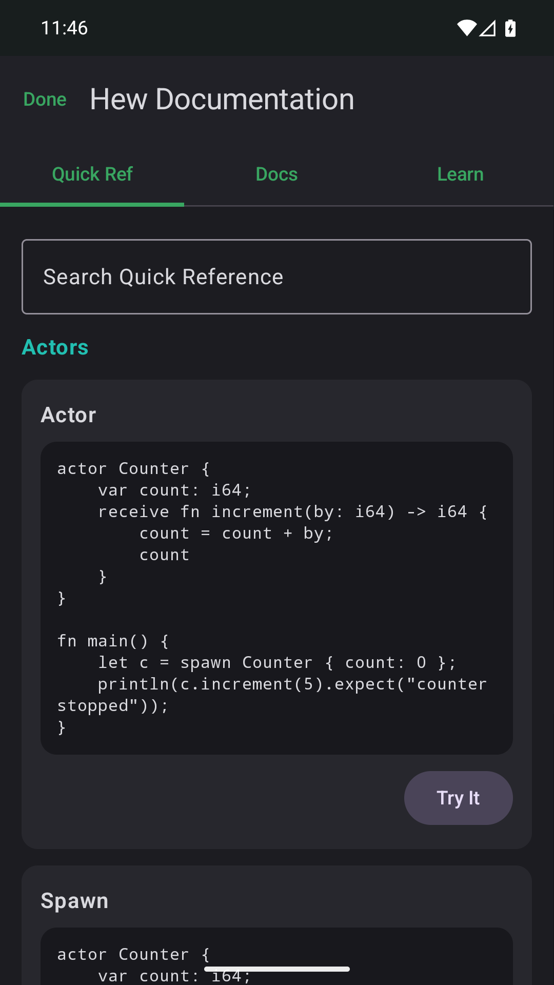 Android Quick Ref showing an actor syntax card and Try It button beside Docs and Learn tabs
