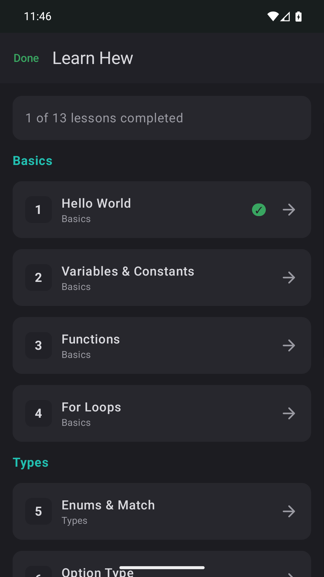 Native Android Learn Hew list showing lesson progress and Hello World, Variables and Constants, and Functions