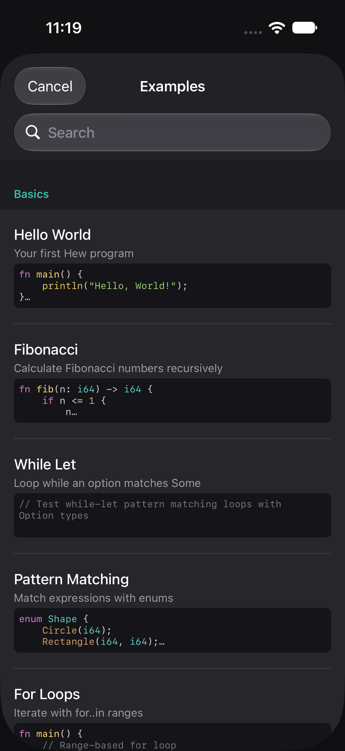 iPhone Examples picker with Hello World, Fibonacci and other bundled programs