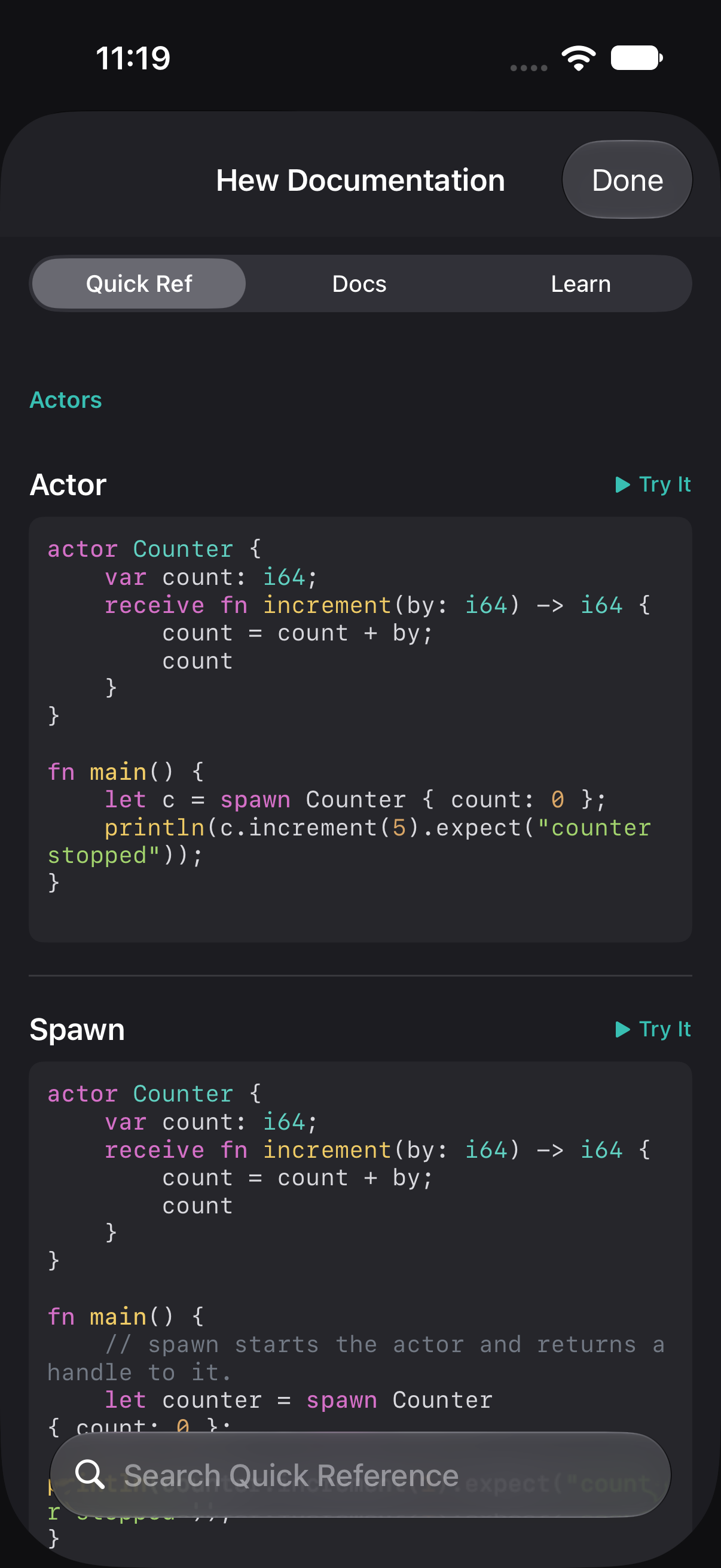iPhone Quick Reference with searchable syntax cards and a Try It button
