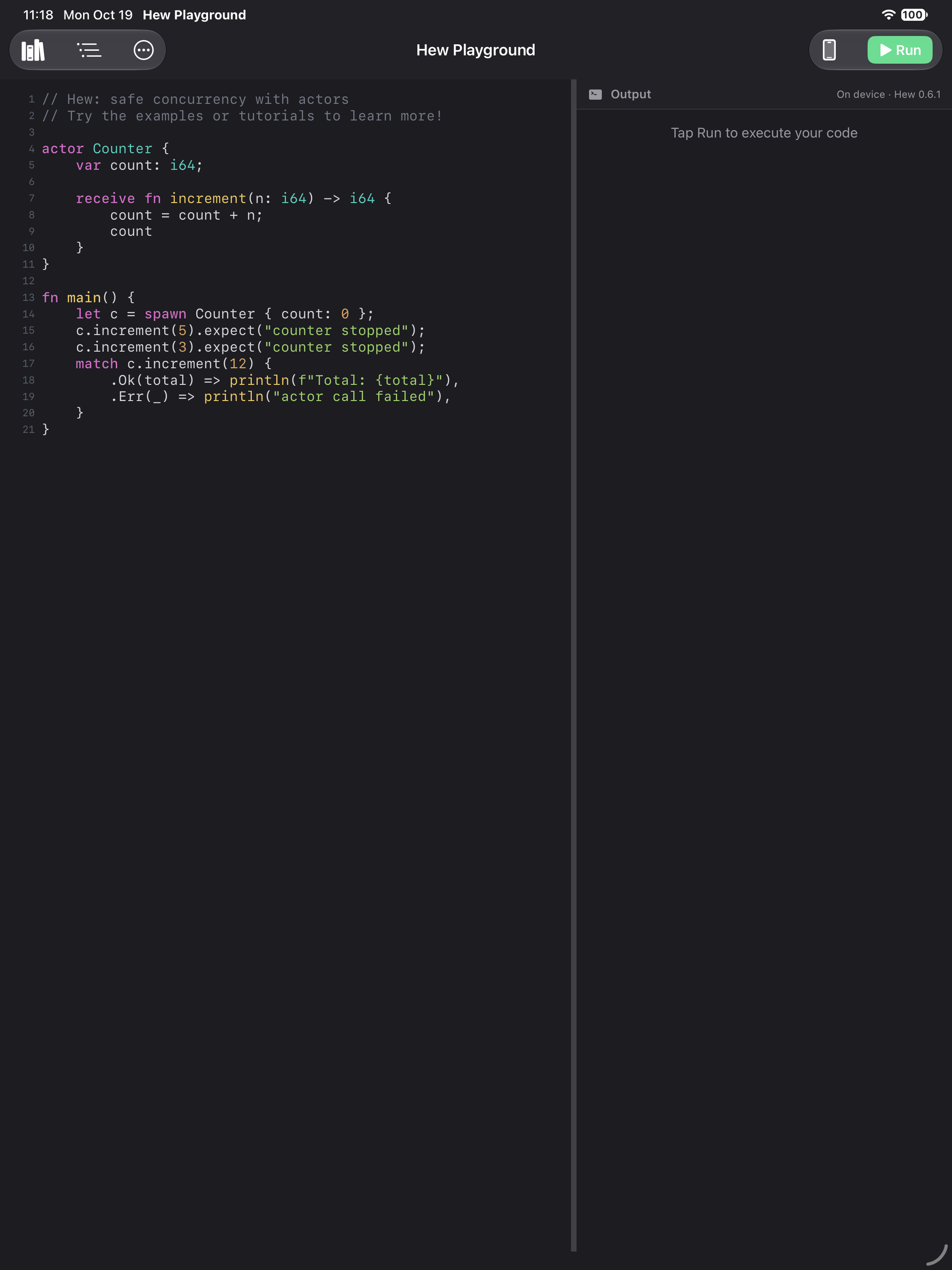 Native iPad Hew Playground showing the editor and output at tablet width