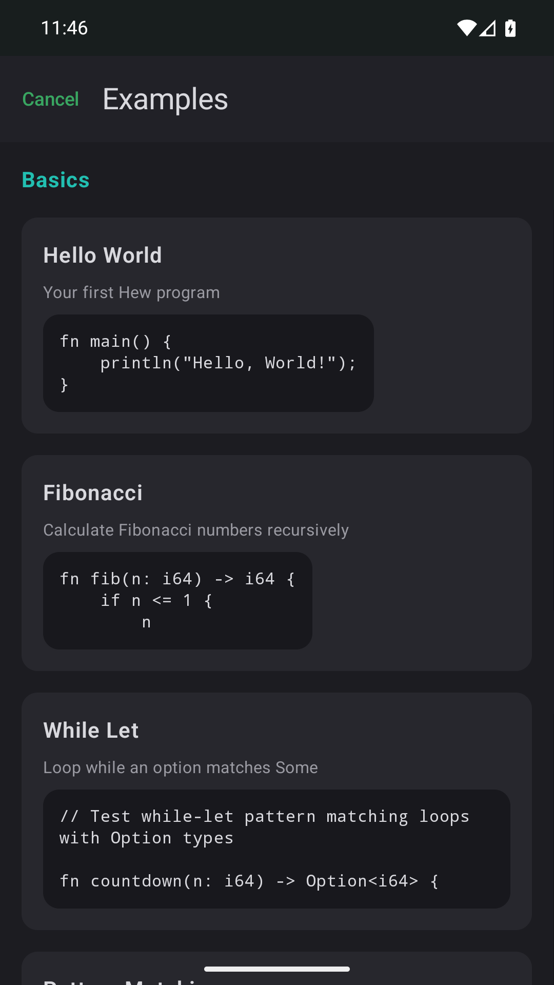 Native Android Examples picker with Hello World and Fibonacci cards