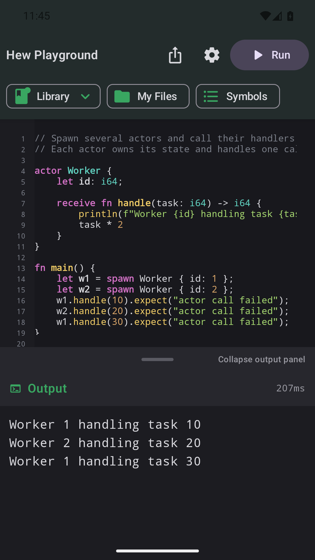 Android editor with Library, My Files and Symbols controls and successful actor-program output