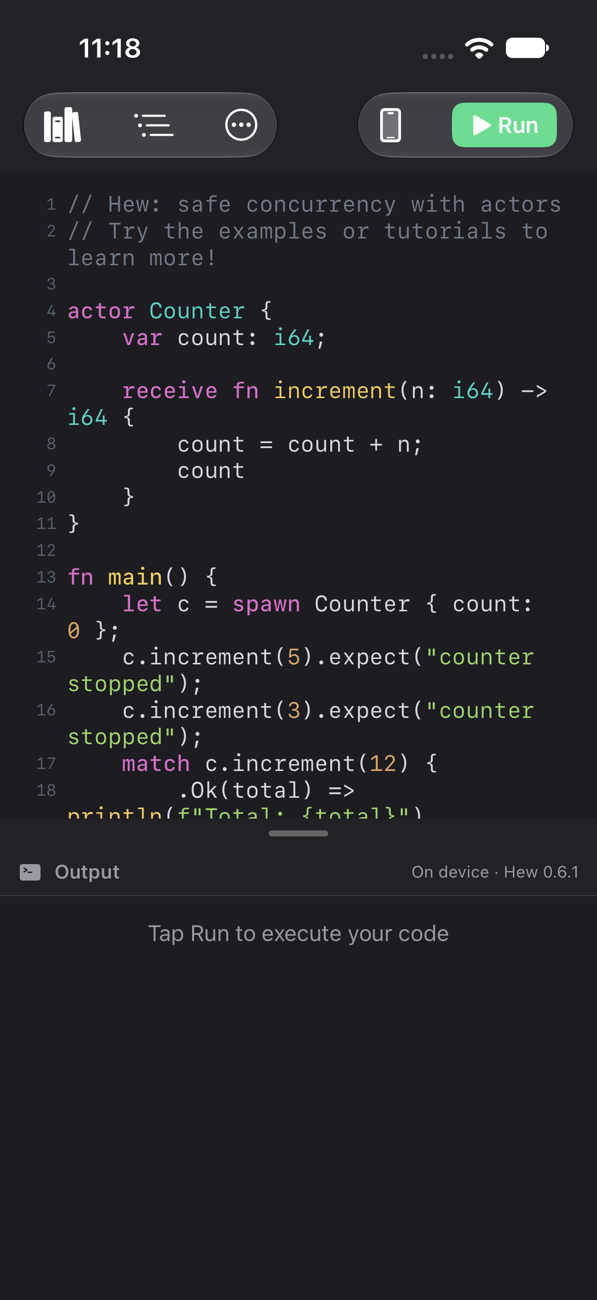 Native iPhone code editor with Library, More, execution-engine and Run controls above a syntax-highlighted actor example