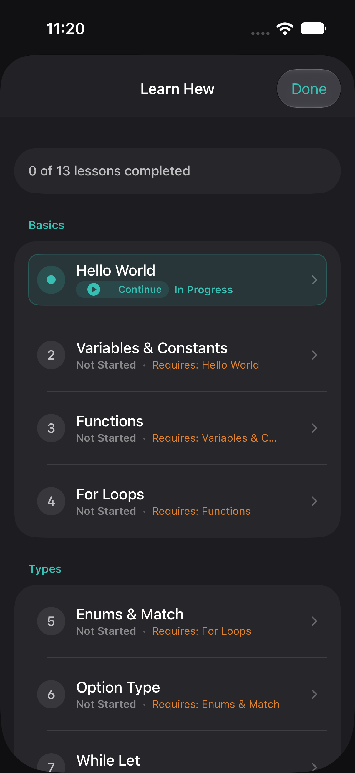 Native iPhone tutorial list with Hello World, Variables and Constants, and other lessons
